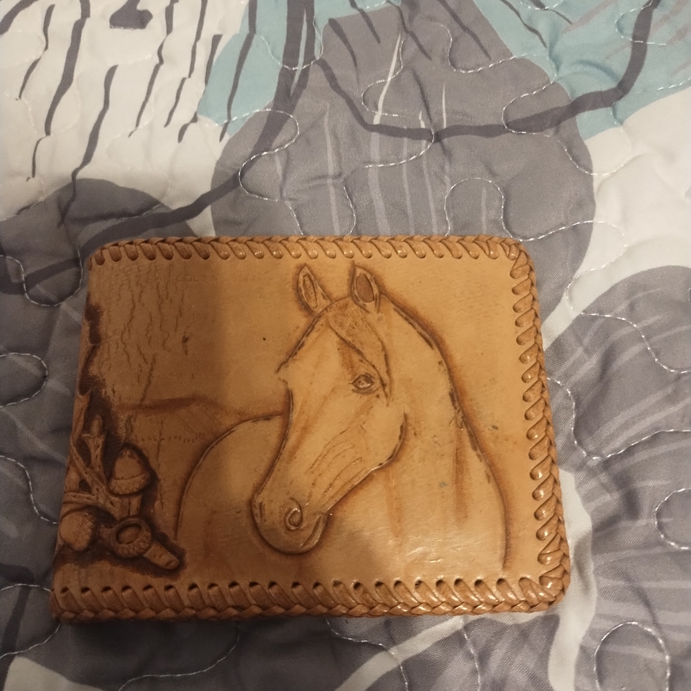 Vintage Hand Tooled Leather Wallet Horse Pine Cone Whipstitch Western Cowboy